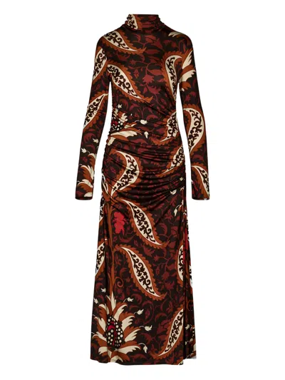 Johanna Ortiz Start Point Print Long Sleeve Jersey Maxi Dress In Burgundy