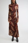 Johanna Ortiz Start Point Print Long Sleeve Jersey Maxi Dress In Burgundy