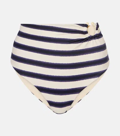 Johanna Ortiz Striped High-rise Bikini Bottoms In Blue