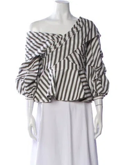 Pre-owned Johanna Ortiz Striped Off-the-shoulder Blouse In Gray