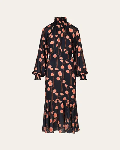 Johanna Ortiz Lo Sublime High Neck Silk Midi Dress In Papaver Somniferum - Navy-peach-brown