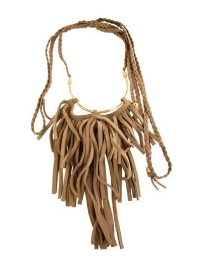 Pre-owned Johanna Ortiz Suede Fringe Collar Necklace, 110" In Brown