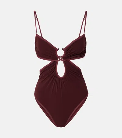 Johanna Ortiz Sunny Days Cutout Gathered Swimsuit In Burgundy