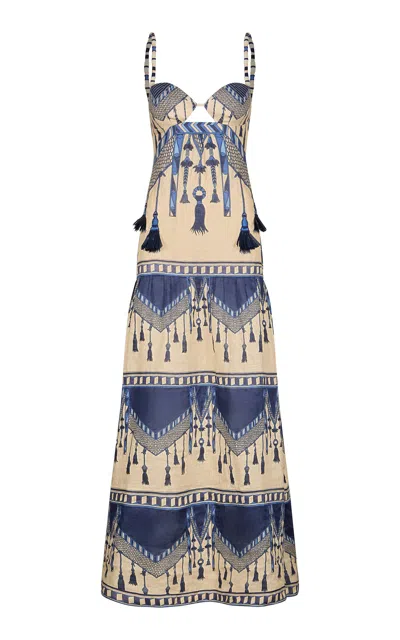 Johanna Ortiz The Art Of The Tassel Printed Linen Maxi Dress In Blue