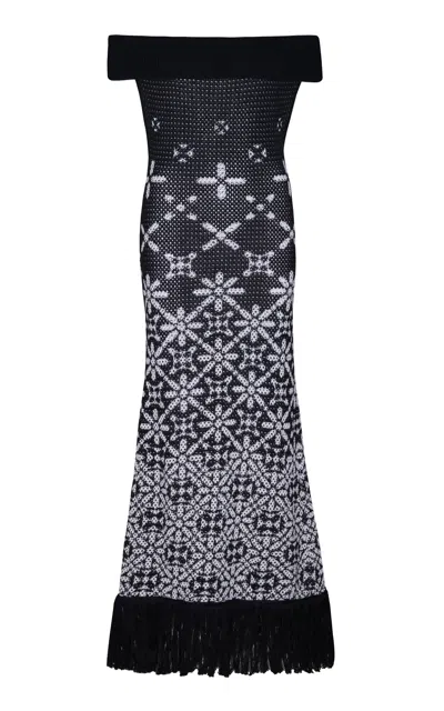 Johanna Ortiz The Three Cities Off-the-shoulder Knit Cotton Maxi Dress In Black,white