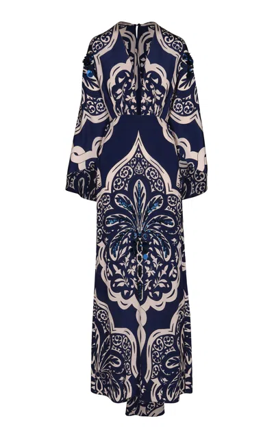 Johanna Ortiz Traditional Cape-sleeve Silk Maxi Dress In Navy