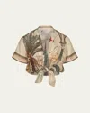 Johanna Ortiz Traveling The Caribbean Crop Shirt In Tropialy Meets Indian - Ecru-green-sand