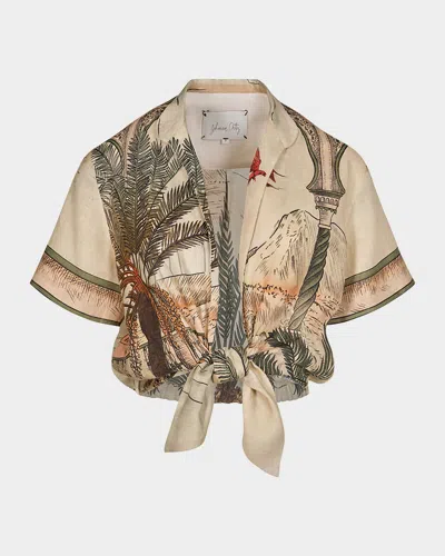 Johanna Ortiz Traveling The Caribbean Tie-front Linen Shirt In Multi/ecru