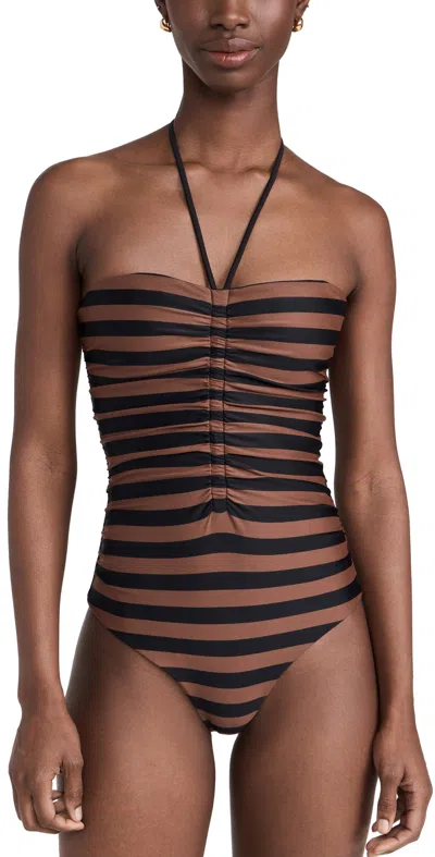 Johanna Ortiz Ucayali River One Piece Swimsuit Stripes Brown Black In Swimsuit Stripes Brown  Black