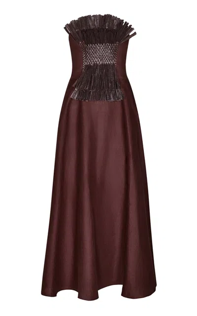 Johanna Ortiz Unforgiven Fringed Linen Midi Dress In Brown