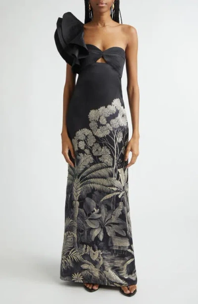 Johanna Ortiz Valley Of Kings Silk Organza One-shoulder Gown In Black