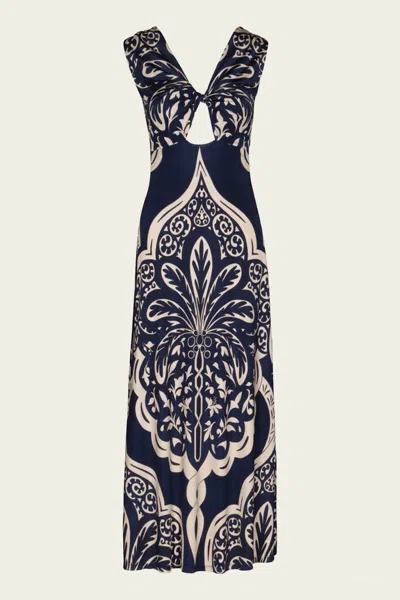 Johanna Ortiz Voyage Dress In Navy Ecru In Palma Sevillana Navy/ecru