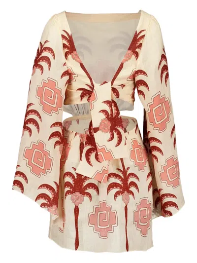 Johanna Ortiz Wave After Wave Palm-tree Print Open-neck Mini Dress In Brown