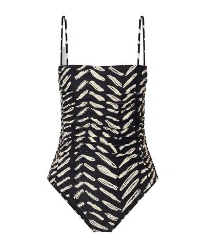 Johanna Ortiz Whispering Tides Ruched Printed Recycled Stretch-jersey One-piece In Black