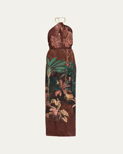Johanna Ortiz Wild Horizons Twisted Necklace Halter Maxi Dress In Multi