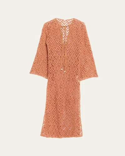 Johanna Ortiz Wild Savannah Embroidered Long-sleeve Midi Tunic Dress In Brown
