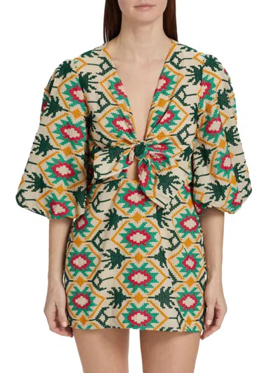 Johanna Ortiz Women's Abstract Oasis Tie-front Minidress In Ecru Aqua