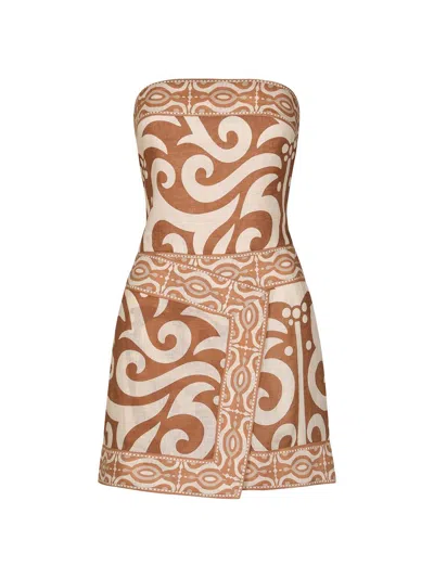 Johanna Ortiz Raiz Ritual Strapless Printed Linen Mini Dress In Brown