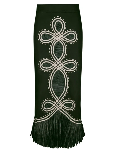 Johanna Ortiz Women's Siena El Viejo Oeste Raffia Fringe Midi-skirt In Black