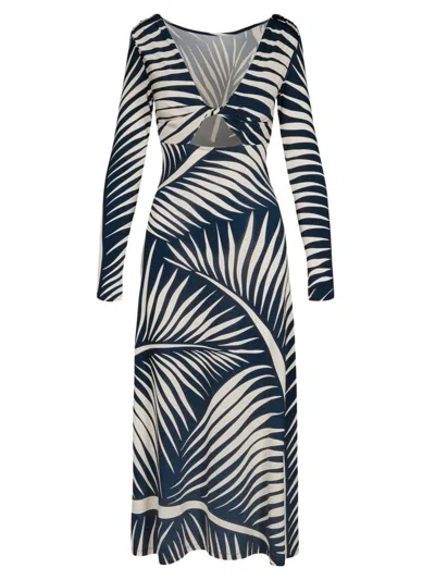 Johanna Ortiz Printed Shiny Jersey Cutout Midi Dress In Navy Ecru