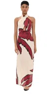 Johanna Ortiz Wonders Of The Sea Halter Linen Maxi Dress In Swim Salty Palms/green/ecru/black
