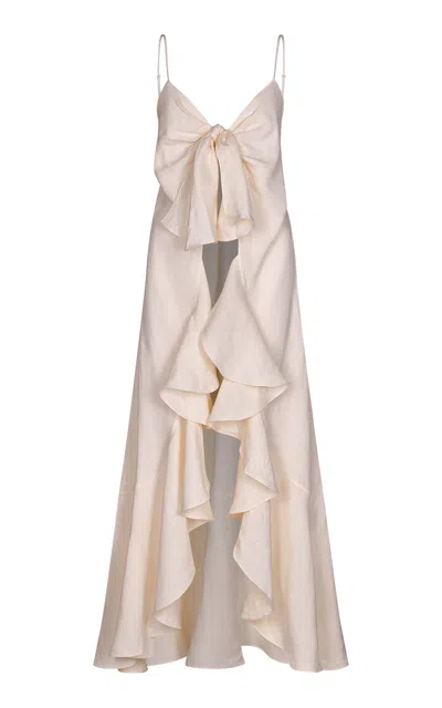 Johanna Ortiz Zambra Long Ruffled Organic Linen Top In Off-white