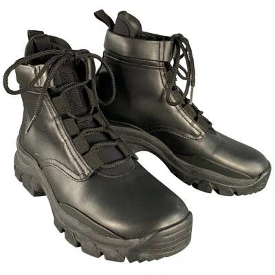 Pre-owned John Elliott Size 7 Black Faux Leather Lace-up Tread Sole Ankle Boots