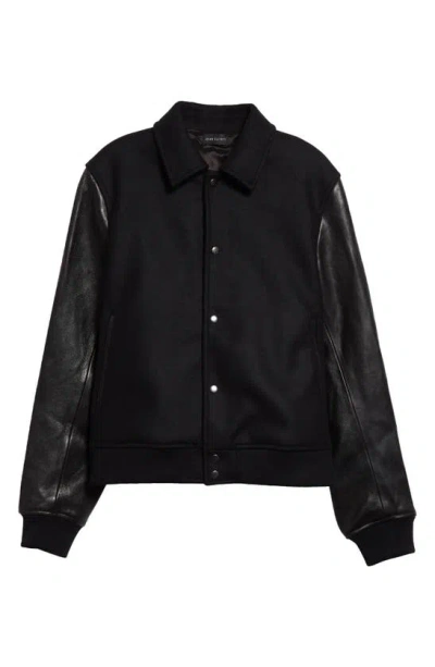 John Elliott Wool Blend & Leather Varsity Jacket In Black