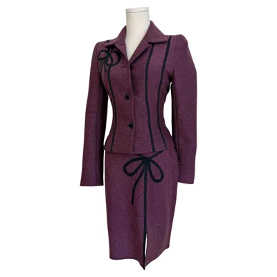 Pre-owned John Galliano 1994 Plum Wool Blazer & Skirt Set With Ribbon Appliqué In Black