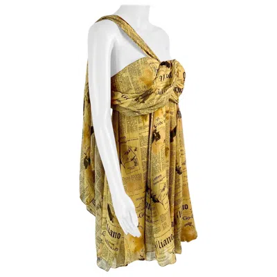 Pre-owned John Galliano 2000's Gazette Newspaper Print Bustier Silk Dress In Sand