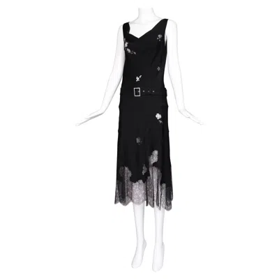 Pre-owned John Galliano 2000's  Black Bias Cut Evening Dress W/lace Insets & Belt