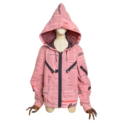 Pre-owned John Galliano 2000's Newspaper Print Avant Guard Huge Hooded Zip Down Jacket In Pink
