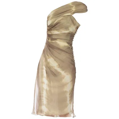 Pre-owned John Galliano 2000s  Christian Dior Olive Green Silk Chiffon One Shoulder Dress