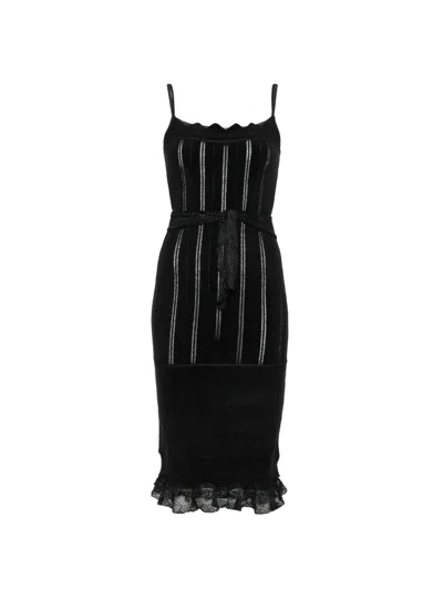 Pre-owned John Galliano 2000s Lace-trim Belted Midi Dress In 黑色