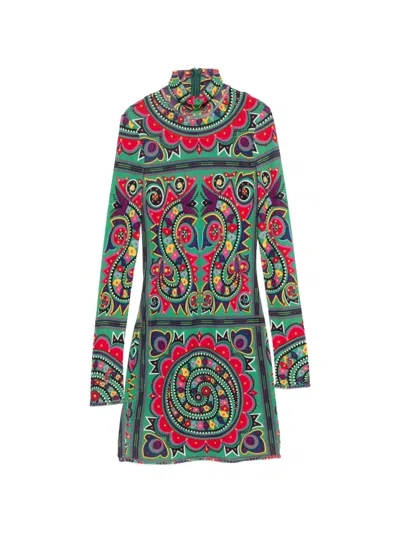 Pre-owned John Galliano 2000s Paisley-print High-neck Mini Dress In 绿色