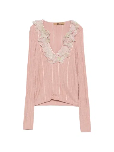 Pre-owned John Galliano 2000s Ruffled V-neck Sweater In Pink