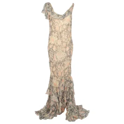 Pre-owned John Galliano 2008 Vintage Long Silk Dress, Flower Pattern, Size 42fr In Sand