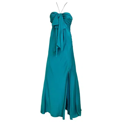 Pre-owned John Galliano 90s  Silk Charmeuse Peacock Teal Bow Bust Gown, Made In Italy In Green