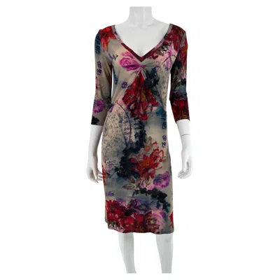 Pre-owned John Galliano Asian Theme Stretch Knit Print V Neck Dress In Black