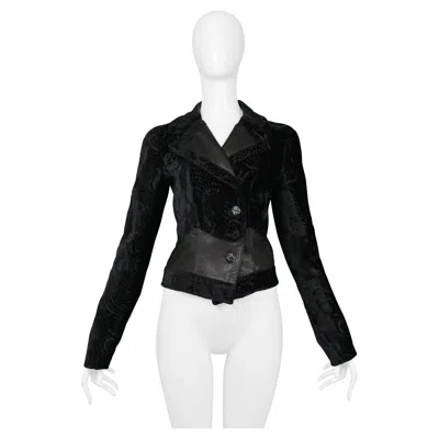 Pre-owned John Galliano Black Floral Silk Velvet Jacket With Leather Insets 2005
