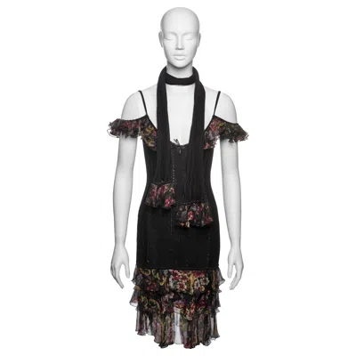 Pre-owned John Galliano Black Knit Dress With Floral Chiffon Ruffles And Scarf, Fw 2004