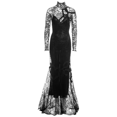 Pre-owned John Galliano Black Lace And Leather Trained Long-sleeve Evening Dress, Fw 2001