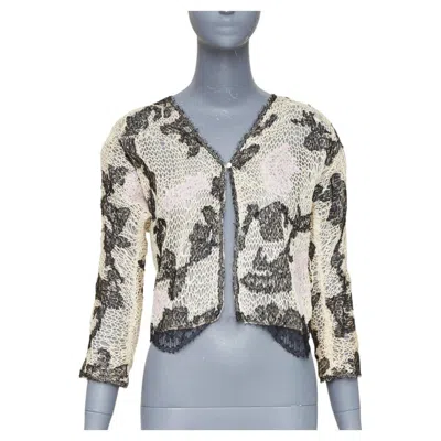 Pre-owned John Galliano Cream Black Lace Insert Open Knit Hook Eye Sweater Cardigan M In White