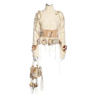 Pre-owned John Galliano Cream Wool And Fur Sweater With Matching Shearling Bag, Fw 2002 In White