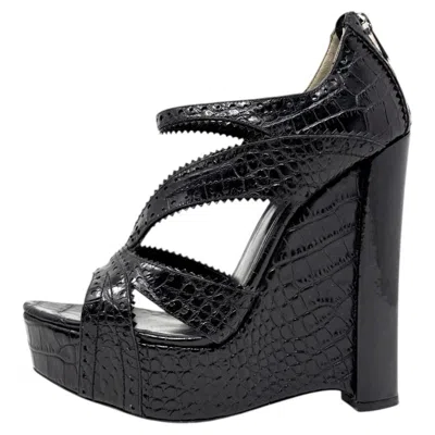 Pre-owned John Galliano Dior Galliano 2010 Runway Black Croc Embossed Runway Platform Wedge Sandals 39