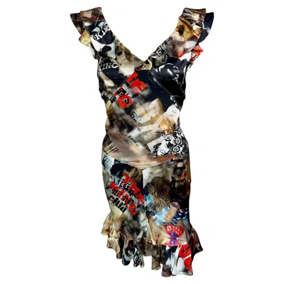 Pre-owned John Galliano Early 2000's Logo I'm A King Face Portrait Newsprint Silk Dress In Black