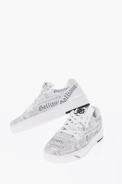 John Galliano Fabric Gazette Sneakers With Rhinestone Embellishment In White
