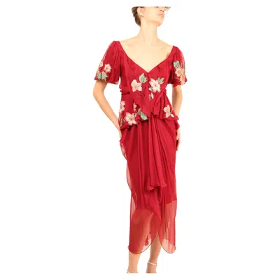 Pre-owned John Galliano Fall 07 Burgundy Silk Sheer Floral Embroidered Layered Midi Dress In Red