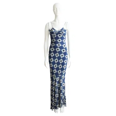 Pre-owned John Galliano Fall/winter 2001 Blue Geometric Print Bias Silk Chiffon Slip Dress