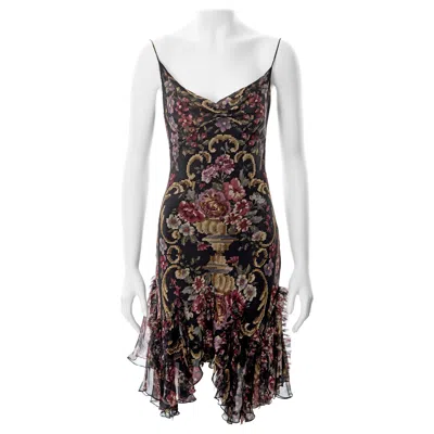 Pre-owned John Galliano Floral Print Bias-cut Silk Chiffon Dress, Fw 2004 In Black